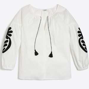 J. Crew Elegant Embroidered Peasant White Blouse 3/4 Quarter Sleeve Size XS